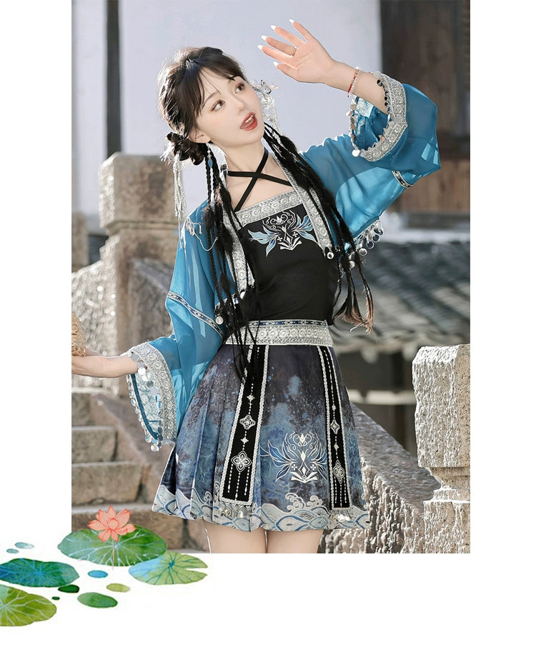 Silver Bell Hanfu Women's Han Element Improved Top Half Skirt Ancient Clothing Full Set Miao Xinjiang Exotic Style Daily