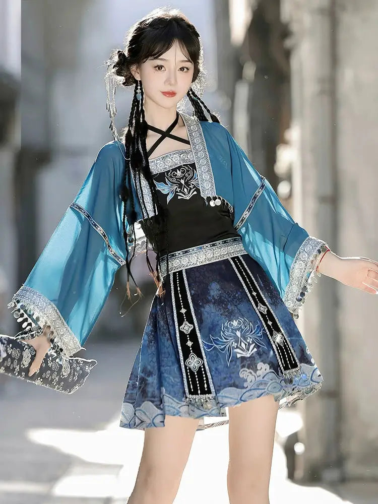 Silver Bell Hanfu Women's Han Element Improved Top Half Skirt Ancient Clothing Full Set Miao Xinjiang Exotic Style Daily