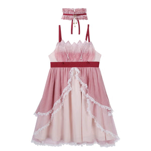 Red Hanfu Dress New Chinese Feather Rust Waist Seal Suspender Skirt full dress set with choker and layered skirt design.