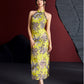 Jacquard gold yellow dyed bamboo sleeveless medium and long cheongsam