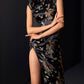 Black cheongsam with intricate dragon and phoenix patterns and a bold thigh-high slit.