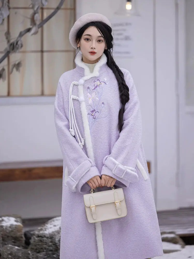 Embroidered purple Hanfu coat, front view