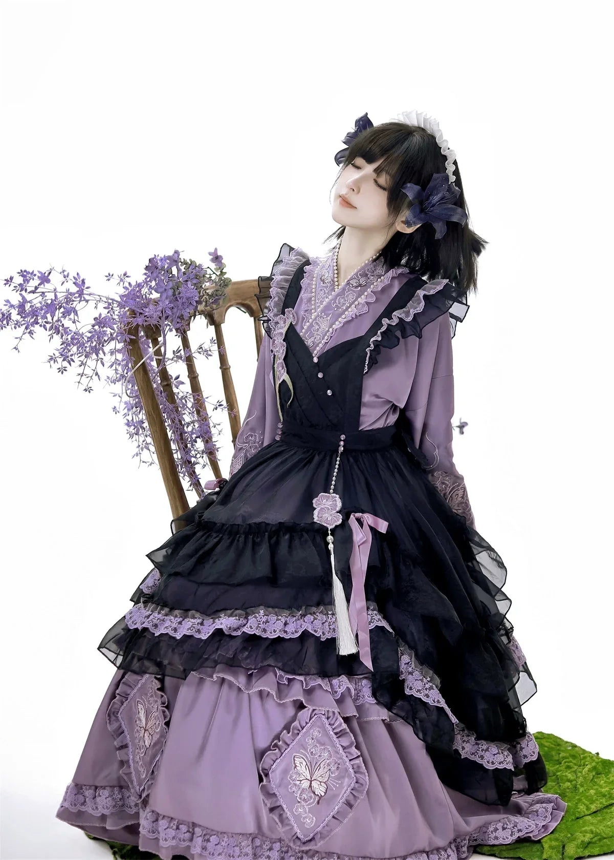 dress purple and black Chinese-Inspired Purple Lolita Dress – Elegant Daily Wear with Apron, Dress / M