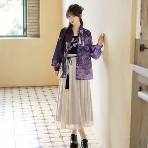 Modern hanfu outfit with purple floral shirt and cream skirt styling