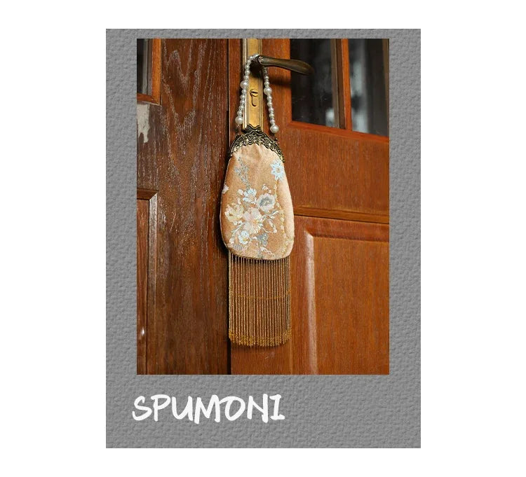 Brown Velvet Evening Clutch | Hand-Embroidered with Elegant Fringe Qipao Bag - Yandan_Hanfu