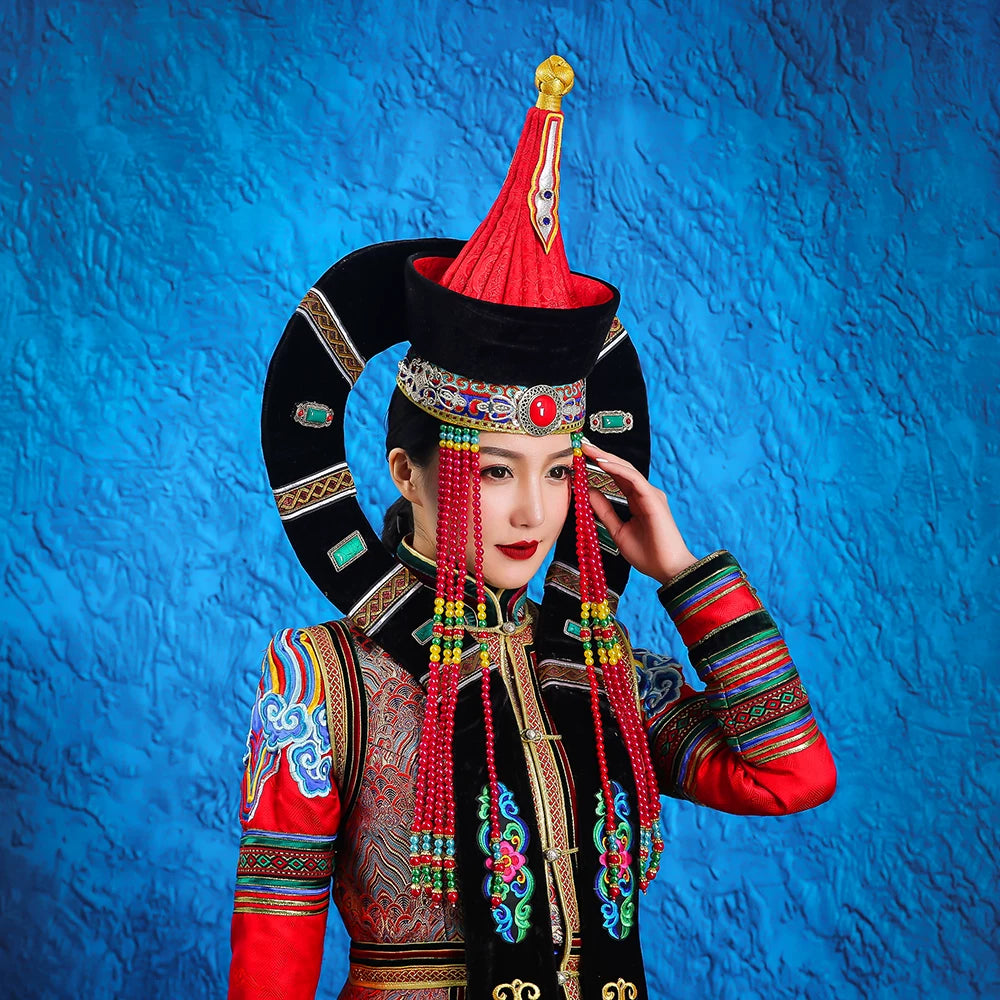 Mongolian women horn hat Horqin noble folk dance performance clothes high-end exquisite fashion headgear hat
