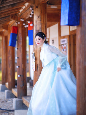 Blue Hanbok Korean dress with flowing design, worn in a traditional setting.