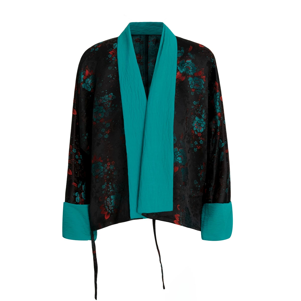Black jacquard pinafore dress and aqua floral inner layer clean product flat view