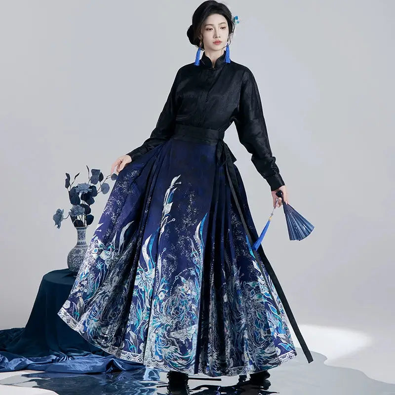 This blue modern hanfu features elegant hanfu sleeves, a stylish hanfu jacket, and timeless charm. Perfect as a princess hanfu dress, fairy hanfu dress, or casual hanfu, it suits every hanfu woman. Inspired by Ming Dynasty hanfu, this modern hanfu dress pairs beautifully with a hanfu shirt for a layered look. Ideal for hanfu cosplay or as a cozy winter hanfu, it’s available at our trusted hanfu shop. Wondering where to buy hanfu? Find the best modernised hanfu and blue hanfu designs here.