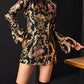 Elegant black and gold jacquard OL jacket with flared cuffs.