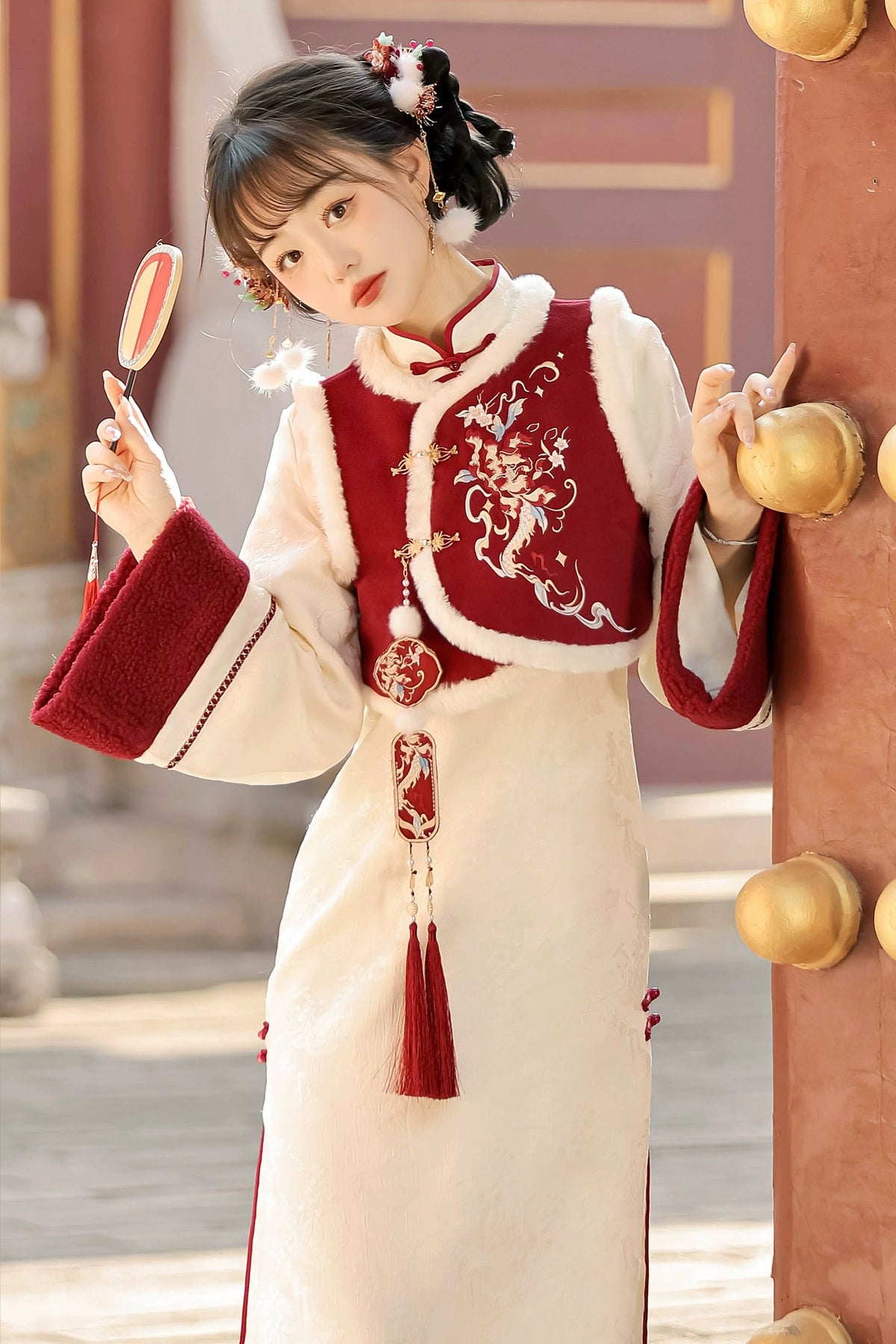 autumn and winter lolita spring dawn Chinese style short vest new year red robe long sleeve op cheongsam dress