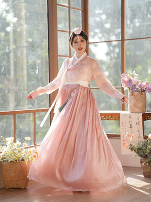 Traditional Korean hanbok dress in soft pink with a flowing silhouette. A timeless piece for elegant and cultural wear.