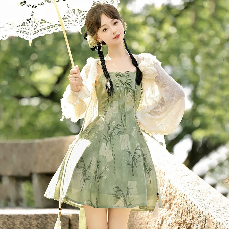 Whisper of Bamboo Sweet Hanfu-Inspired Dress Modern Chinese Style Top + green suspender skirt (with chest flowers) / L Whisper of Bamboo Sweet Hanfu-Inspired Dress Modern Chinese Style Top + green suspender skirt (with chest flowers) / L