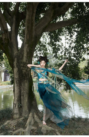 Blue Hanfu women's dress with butterfly-inspired design and sheer flowing layers, ideal for cosplay or fantasy-themed events.
