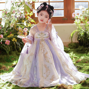 Tang Dynasty Purple Hanfu girls dress with intricate embroidery and soft pastel tones, ideal for summer cultural performances and events.
