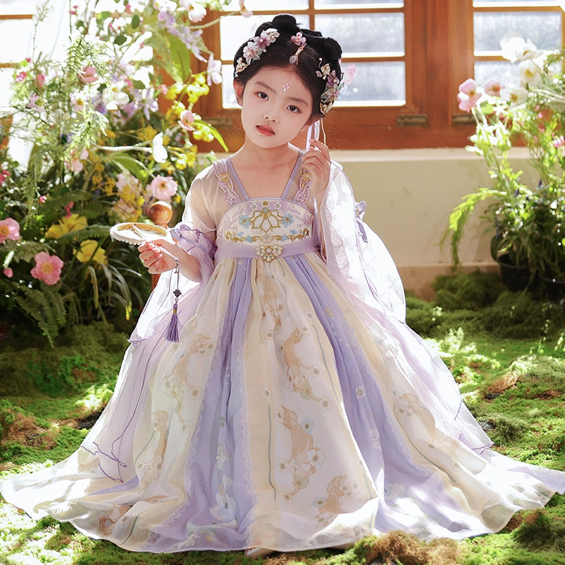 Tang Dynasty Purple Hanfu girls dress with intricate embroidery and soft pastel tones, ideal for summer cultural performances and events.