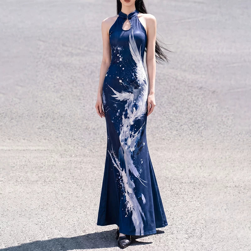 Deep sea phoenix feather cut shoulder cheongsam knitted dress