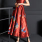 Red brocade jacquard cheongsam dress with a fitted bodice and flared skirt.