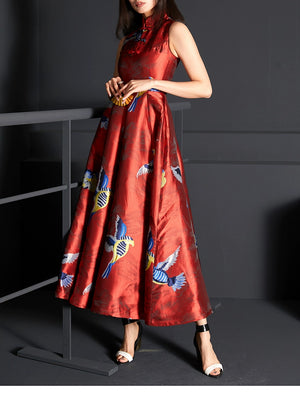 Red brocade jacquard cheongsam dress with a fitted bodice and flared skirt.