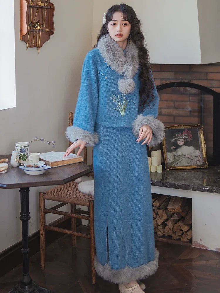 Blue Orchid Modern Qipao Tow piece Set Winter Chinese Style Outfit One Set / M Blue Orchid Modern Qipao Tow piece Set Winter Chinese Style Outfit One Set / M