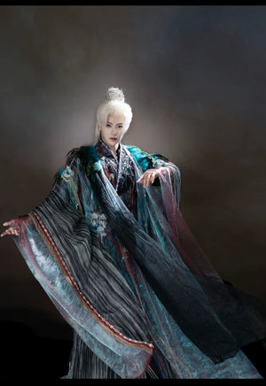 Peacock blue and iridescent layered xianxia outfit — worn garment view 14