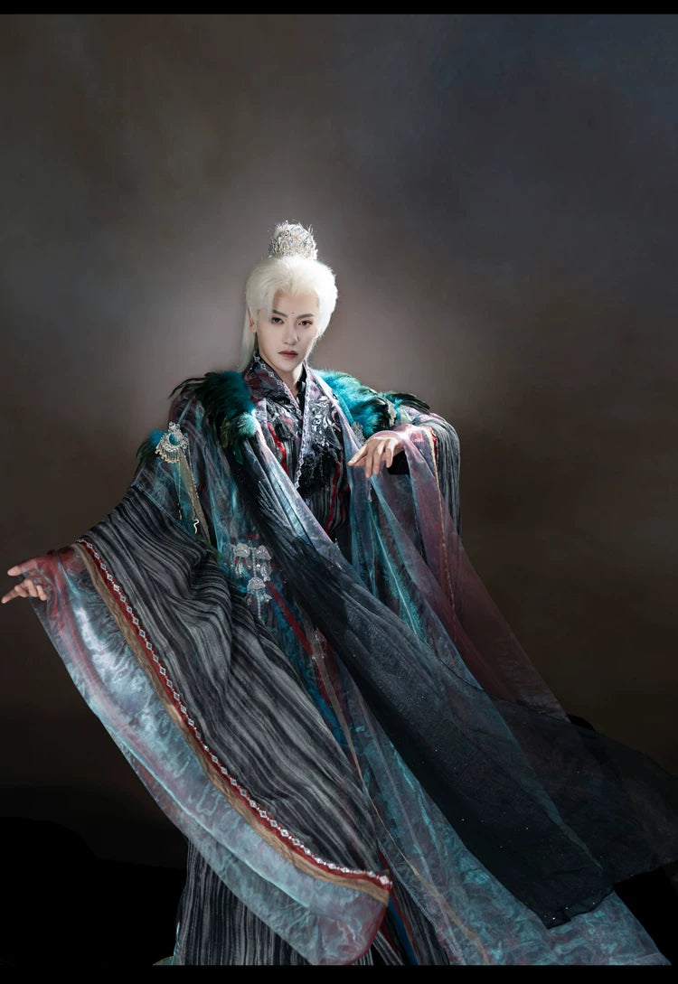 Peacock blue and iridescent layered xianxia outfit — worn garment view 14
