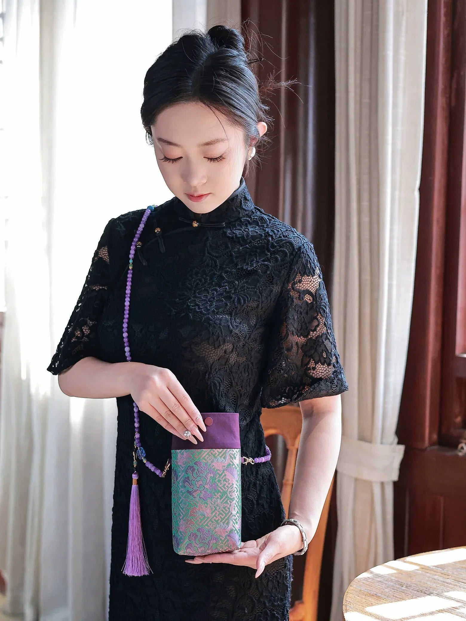 Floral Motif Bag | Color-Block Canvas Crossbody with Beaded Strap - Yandan_Hanfu