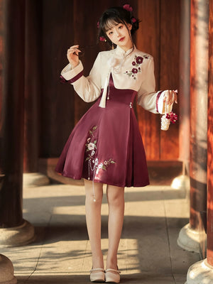 Stylish Chinese-style cheongsam dress with Han element design, floral embroidery, and improved short top in cream and burgundy.