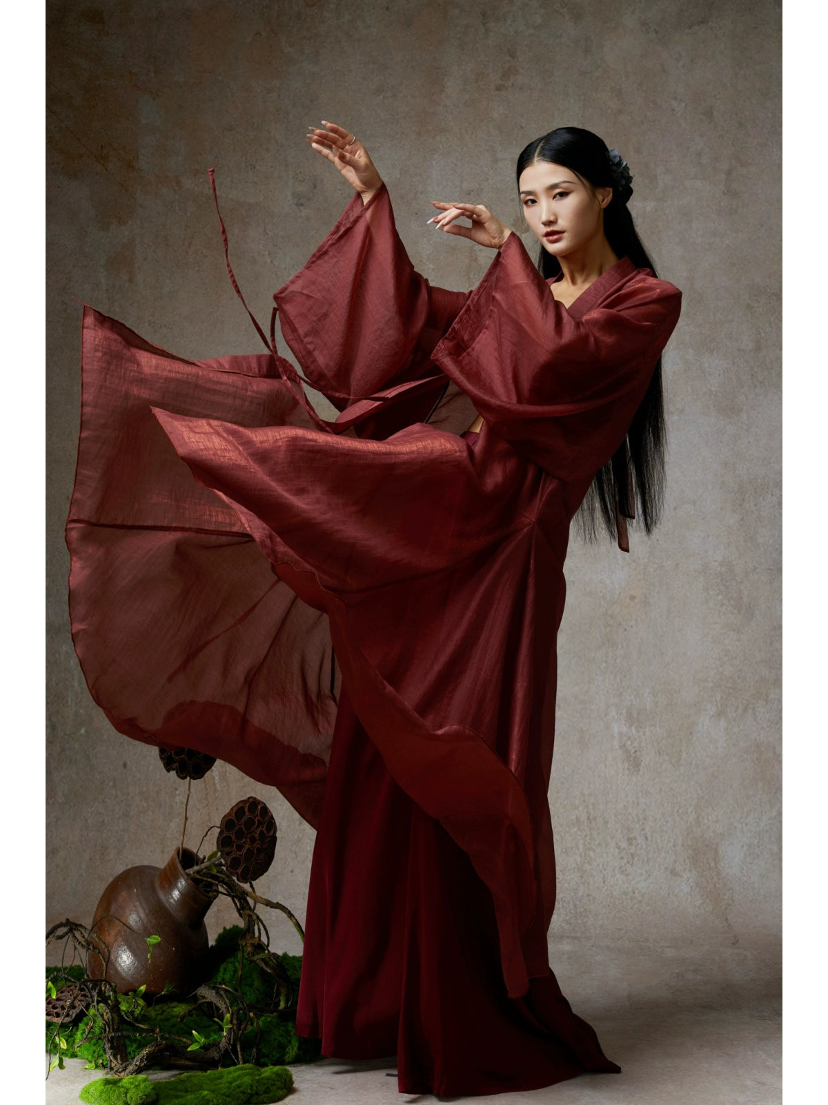 Elegant Wine Red Sheer Tencel Cardigan – Flowing Classical Dance Performance Outfit