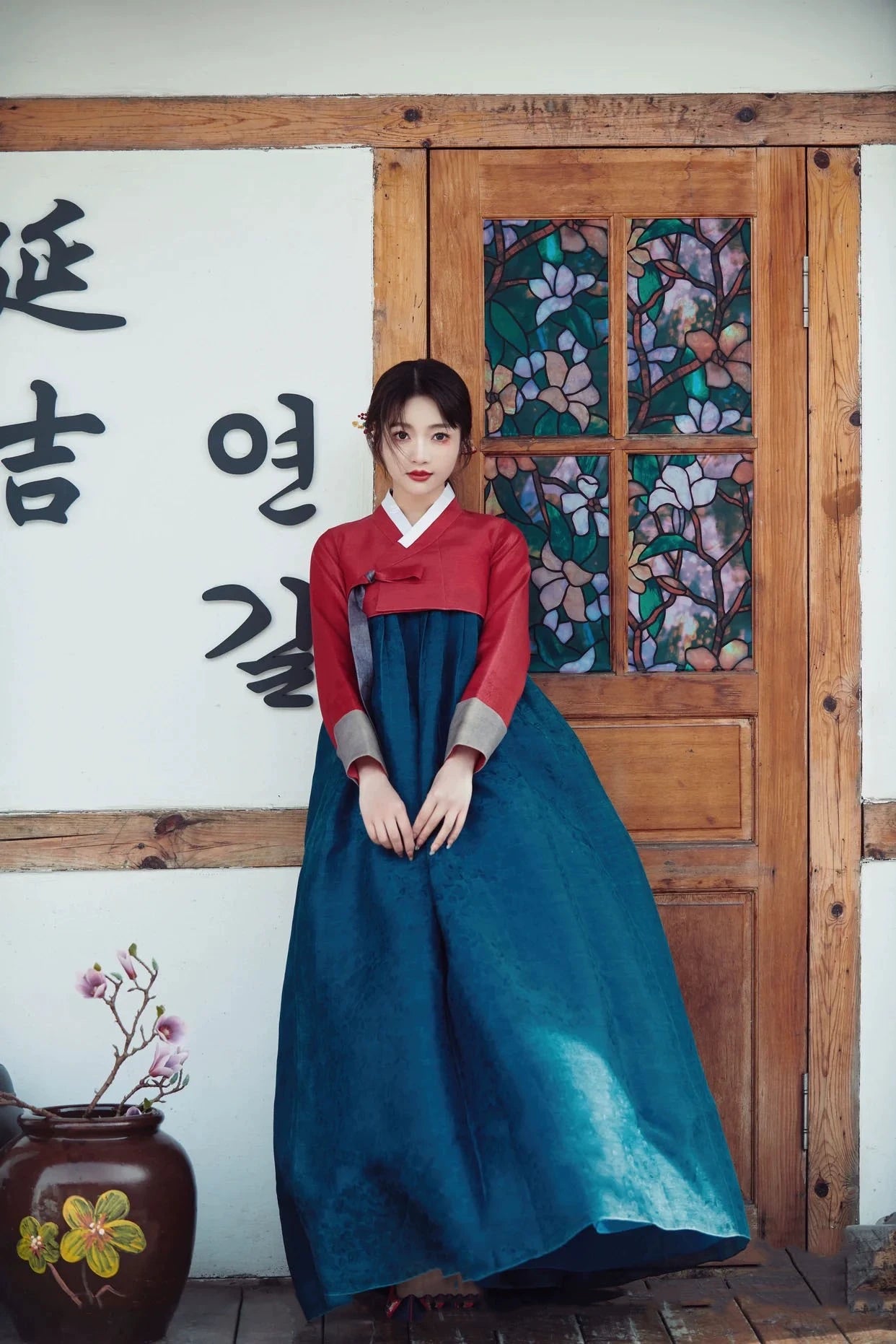 Hanbok Wedding Dress - Korean Traditional Court Style in red and blue, ideal for national stage dances and daily cultural performances.