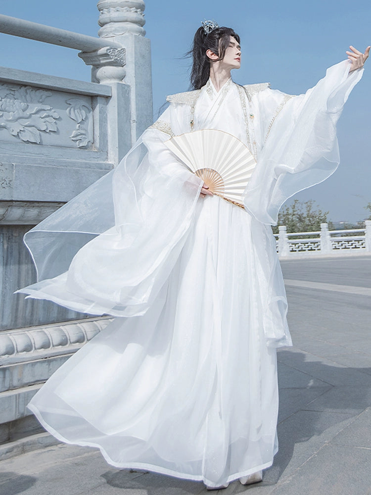 Cloud Collar Elegance – Unisex White Embroidered Modern Hanfu | Flowing Wide-Sleeve Wei-Jin Style Outfit
