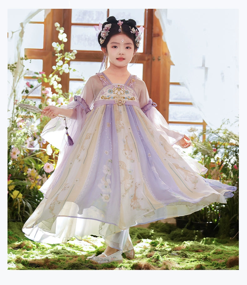 Flowing Tang Dynasty Purple Hanfu dress for girls with layered chiffon and floral details, ideal for summer festivals and cultural showcases.