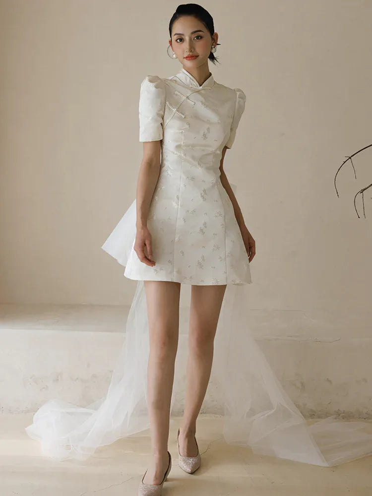 Little Meixue Short Bow Cheongsam Bridal Wedding Dress Red Bow trailing / S
