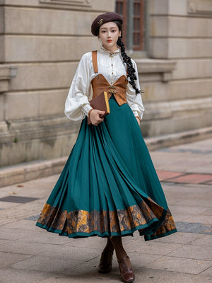 Traditional Afternoon Overture Hanfu styled with a teal skirt, white blouse, and brown vest, perfect for daily wear and timeless elegance.