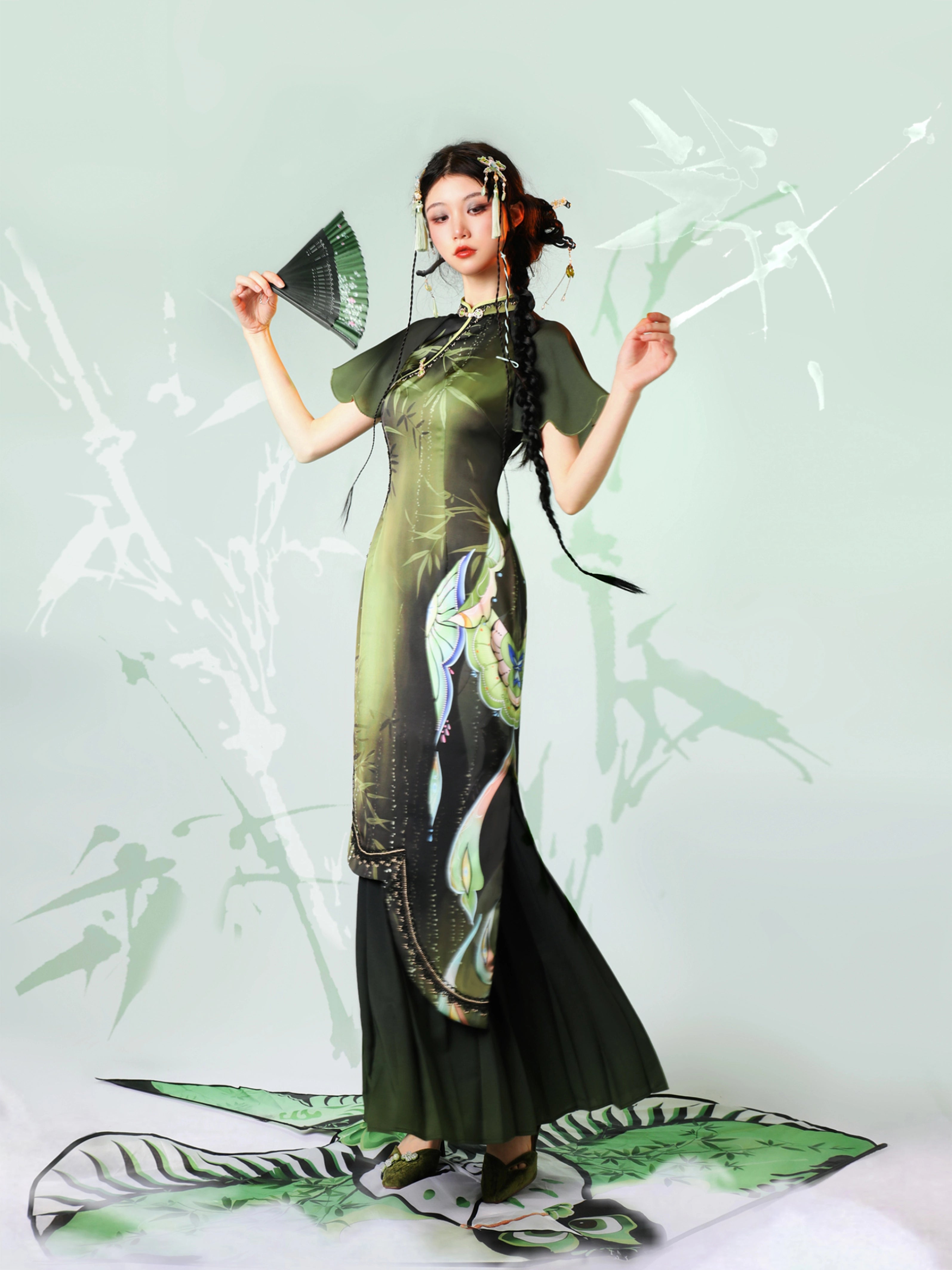 Verdant Sky Qipao – Black-Green Ombre Satin Cheongsam with Artistic Floral Print