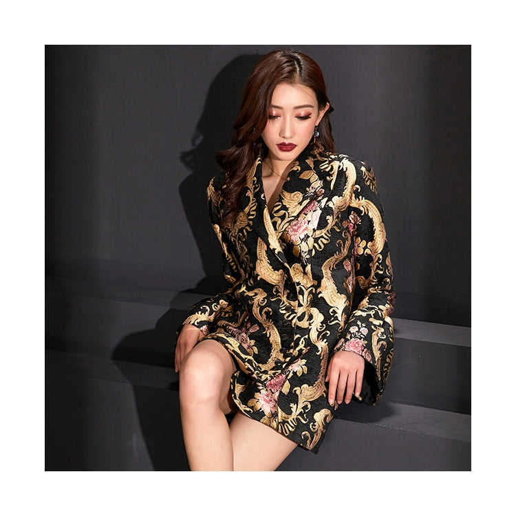 Luxurious jacquard Cheongsam blazer dress with floral and gold details.