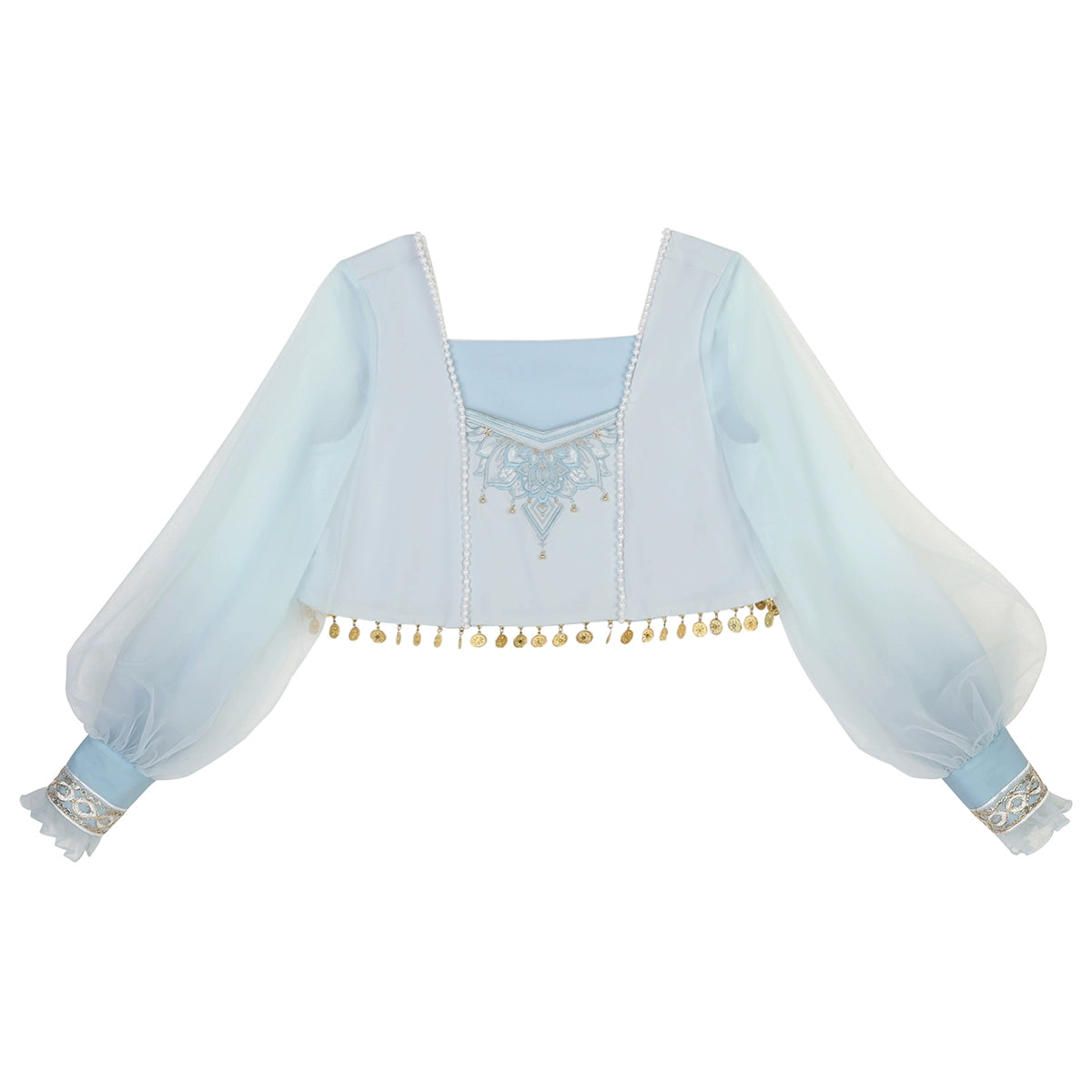Sheer blue top with gold coin trim from Hanfu Princess Jasmine suit by 【Cloud Traveler】, featuring embroidered neckline.