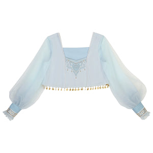 Sheer blue top with gold coin trim from Hanfu Princess Jasmine suit by 【Cloud Traveler】, featuring embroidered neckline.
