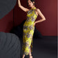 Jacquard gold yellow dyed bamboo sleeveless medium and long cheongsam