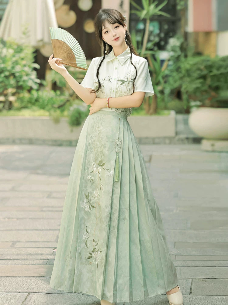 Green Hanfu female Han element suit summer short-sleeved shirt horse skirt daily national style new Chinese design sense