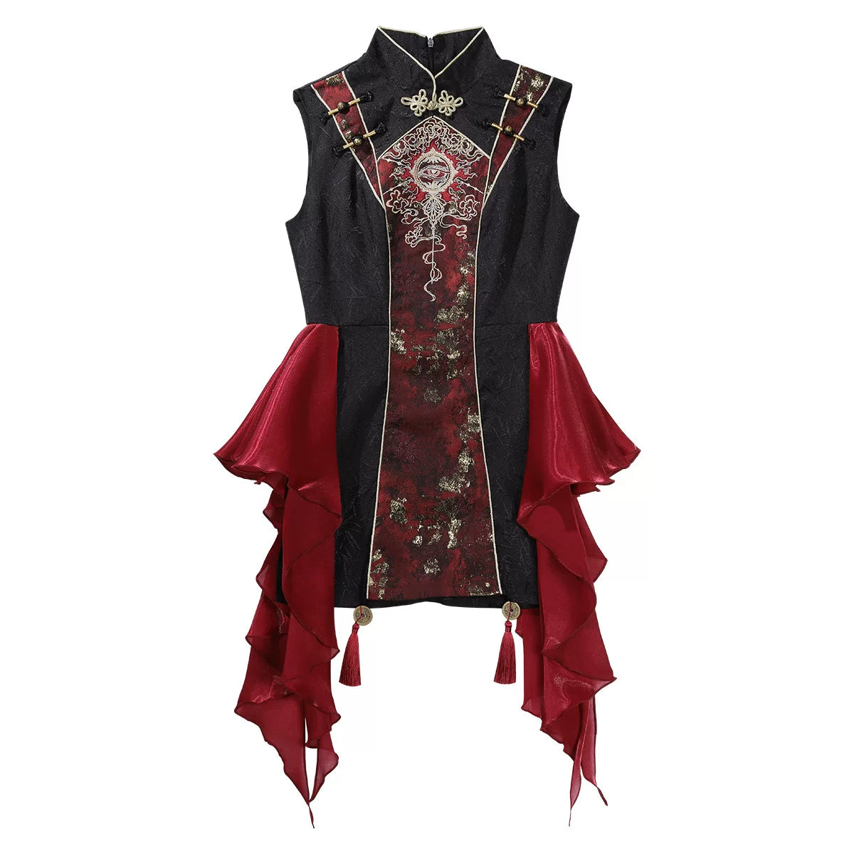 Red and black sleeveless top displayed separately