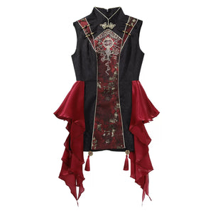 Red and black sleeveless top displayed separately