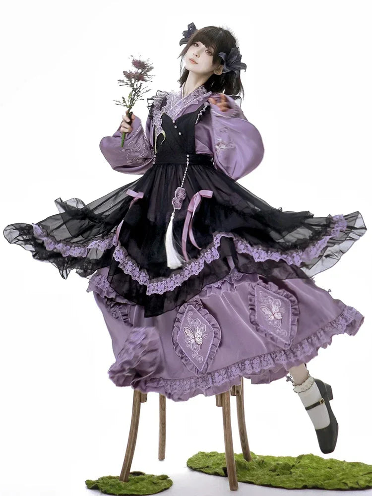 Chinese-Inspired Purple Lolita Dress – Elegant Daily Wear with Apron, Vintage Maid Style & Cottagecore Touch - Yandan_Hanfu