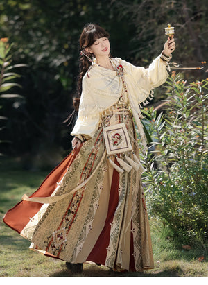 Full set shown outdoors with flowing printed skirt and shawl
