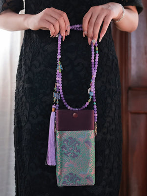 Floral Motif Bag | Color-Block Canvas Crossbody with Beaded Strap - Yandan_Hanfu