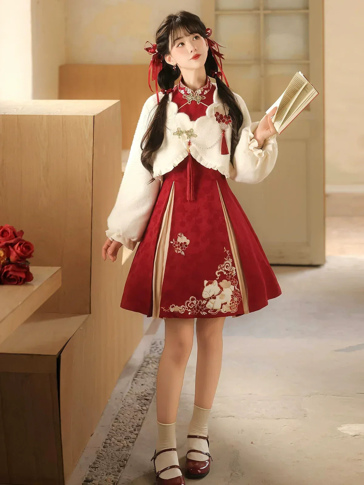 “Lucky Pony” – Red New-Year Hanfu Qipao Set | Modern Chinese Festive Outfit (Autumn/Winter) - Yandan_Hanfu