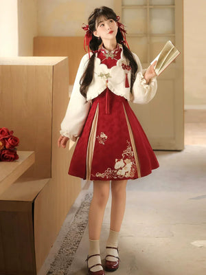 “Lucky Pony” – Red New-Year Hanfu Qipao Set | Modern Chinese Festive Outfit (Autumn/Winter) - Yandan_Hanfu