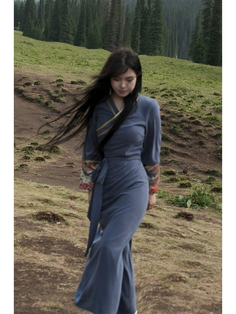 “Mist Blue” Brocade Dress — Refined Tibetan-Inspired Silhouette with Oriental Elegance