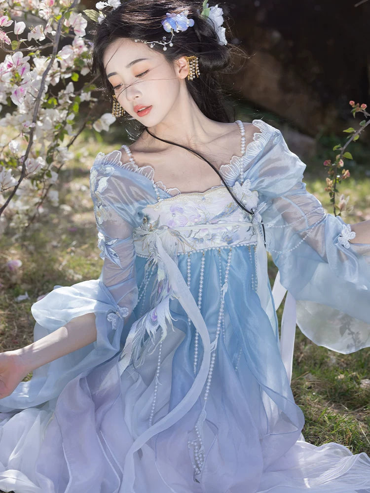Qingque Blue Sparrow Hanfu Set | Heavy Embroidery Chest-Length Skirt Spring Summer