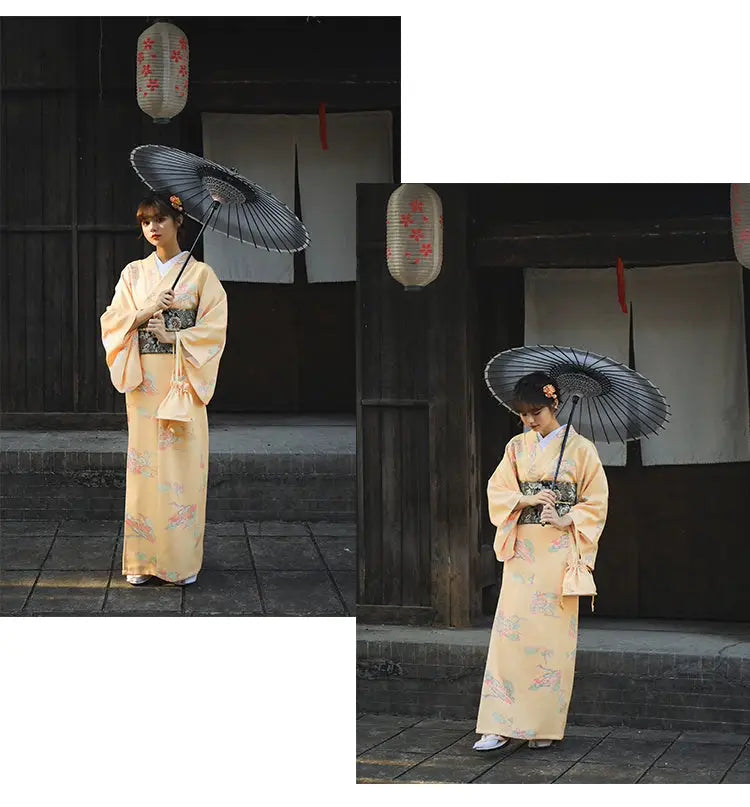 Two images of a woman in an orange Japanese kimono-style yukata with floral patterns, posing with a black umbrella in a traditional setting.